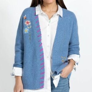 Johnny Was Elliot Floral Embroidered Cardigan L Wool Cashmere Blue Boho Feminine